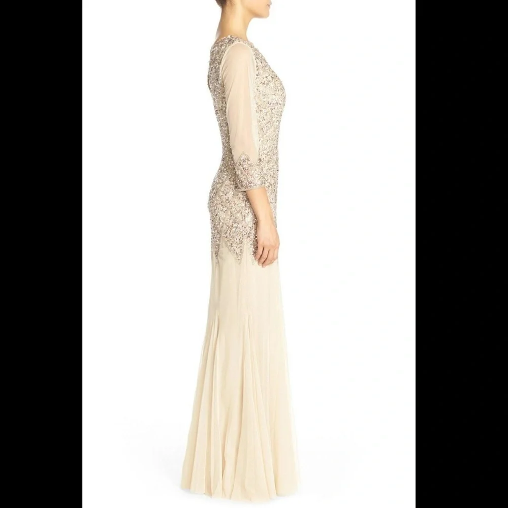 NWT JS Collections [ 4 ] Long Sleeve Embellished Tulle‎ Gown Champagne